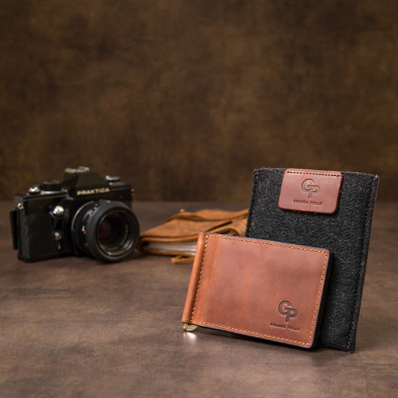 Мужской кожаный винтажный зажим GRANDE PELLE Коричневый