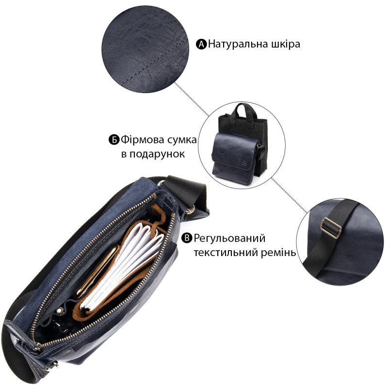 Практична шкіряна чоловіча сумка-месенджер GRANDE PELLE Темно-синій
