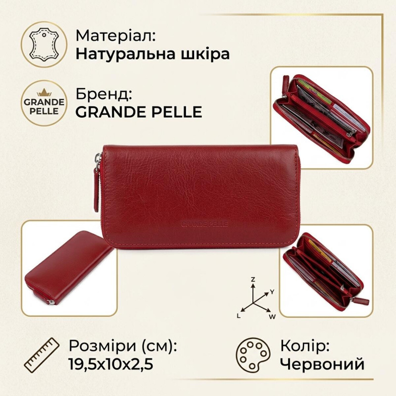 Стильный кожаный женский кошелек на молнии GRANDE PELLE Красный