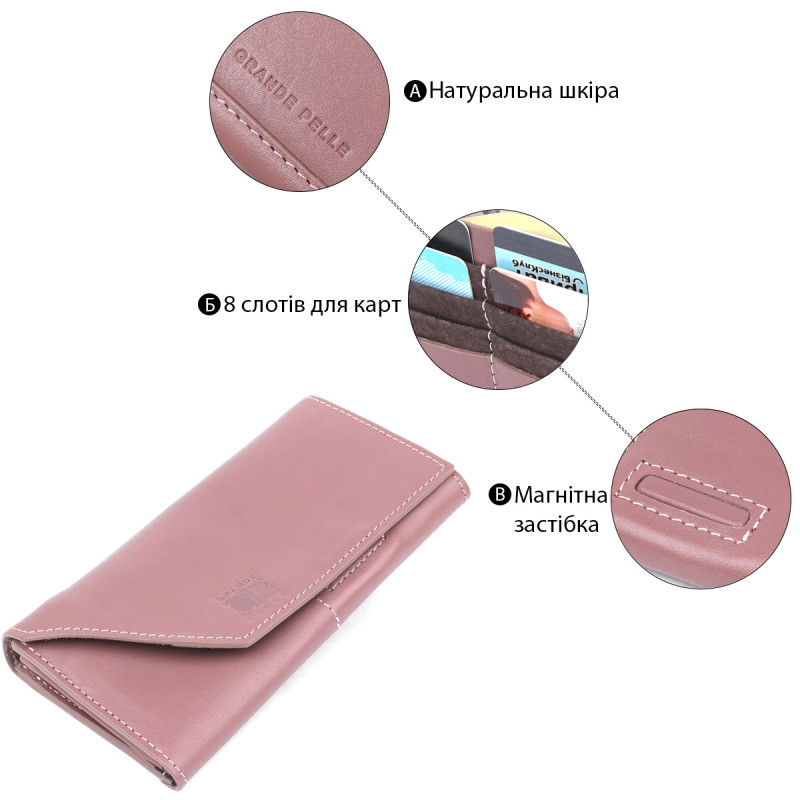 Чудовий шкіряний жіночий гаманець Grande Pelle Рожевий