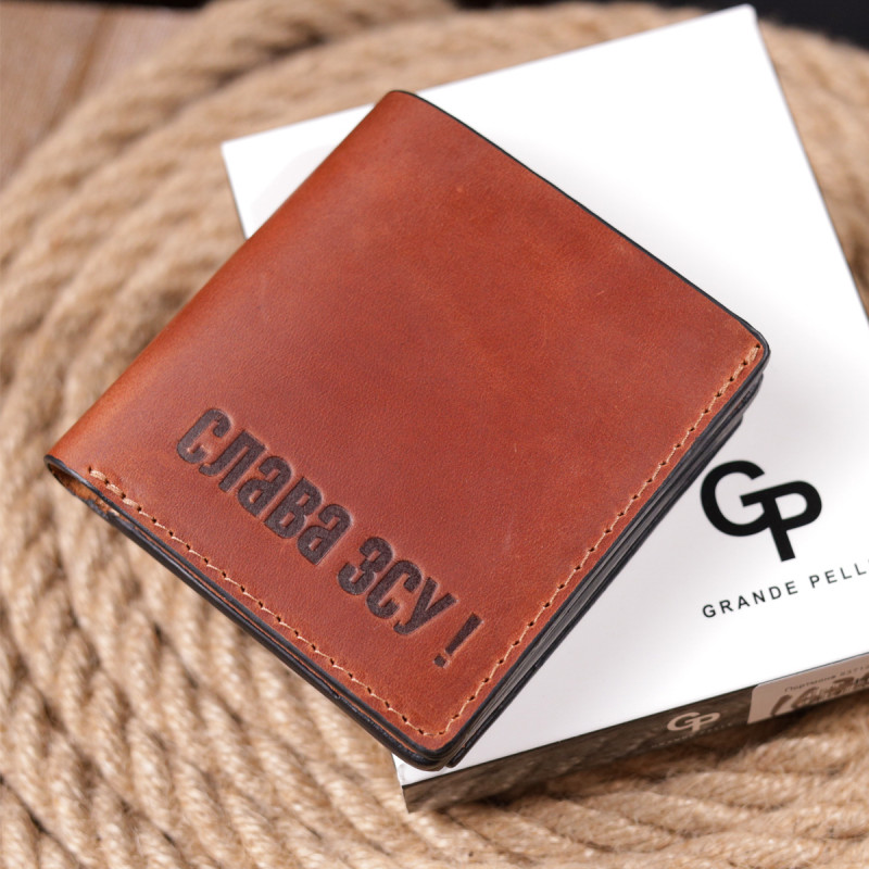 Чоловічий гаманець із вінтажної шкіри із монетницею Слава ЗСУ GRANDE PELLE Світло-коричневий