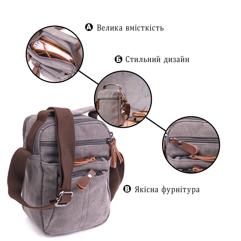 Компактная мужская сумка из плотного текстиля Vintage Серая