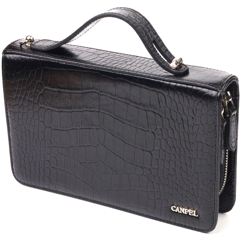 Стильна чоловіча барсетка на два відділення з натуральної фактурної шкіри з тисненням під крокодила CANPELLINI Чорна