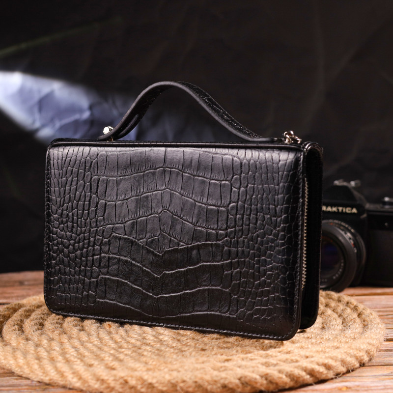 Стильна чоловіча барсетка на два відділення з натуральної фактурної шкіри з тисненням під крокодила CANPELLINI Чорна