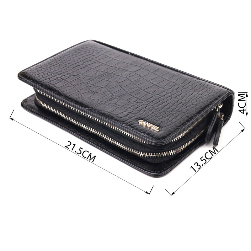 Стильна чоловіча барсетка на два відділення з натуральної фактурної шкіри з тисненням під крокодила CANPELLINI Чорна