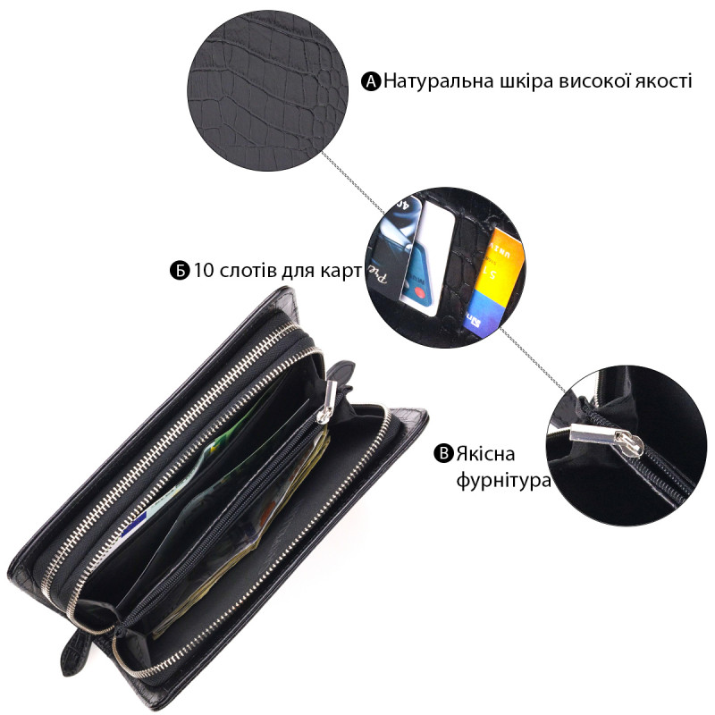 Стильна чоловіча барсетка на два відділення з натуральної фактурної шкіри з тисненням під крокодила CANPELLINI Чорна