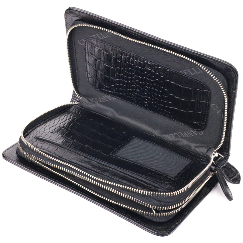 Стильна чоловіча барсетка на два відділення з натуральної фактурної шкіри з тисненням під крокодила CANPELLINI Чорна