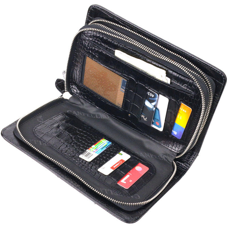 Стильна чоловіча барсетка на два відділення з натуральної фактурної шкіри з тисненням під крокодила CANPELLINI Чорна