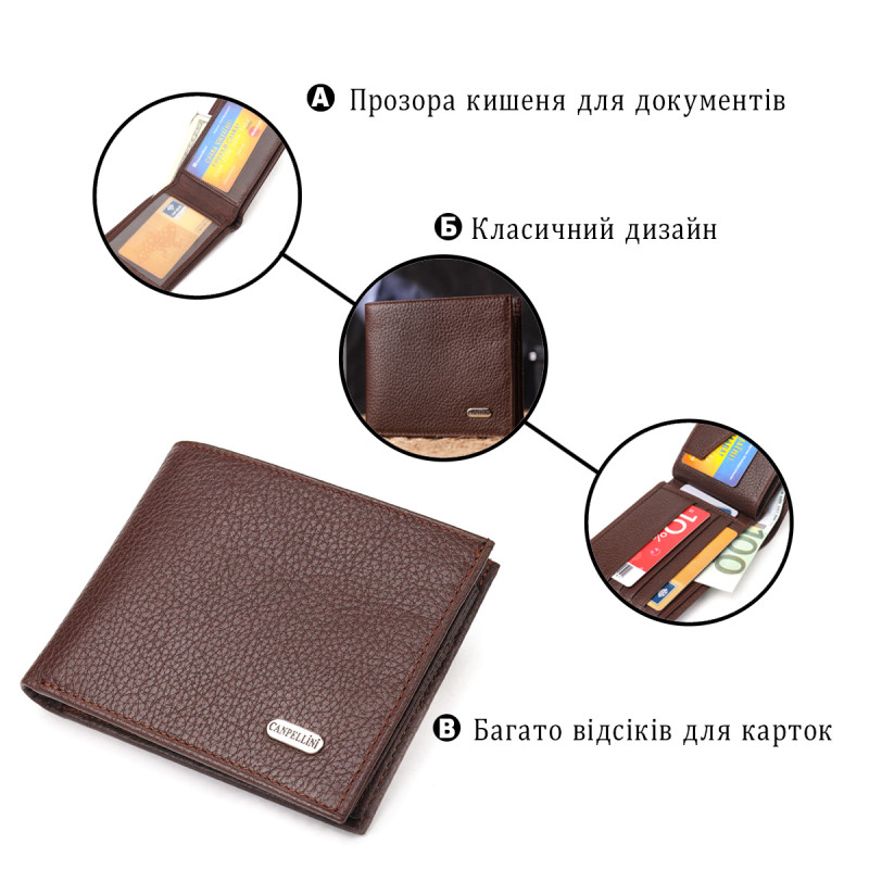 Практичний гаманець для чоловіків у два складення з натуральної шкіри флотар CANPELLINI Коричневий