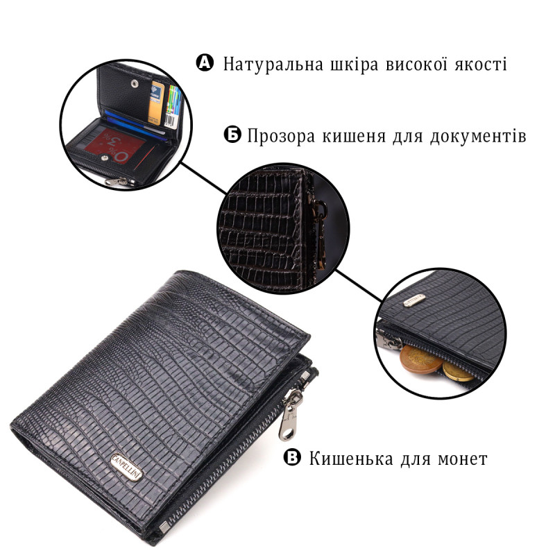 Фактурный вертикальный кошелек из натуральной кожи CANPELLINI Черный