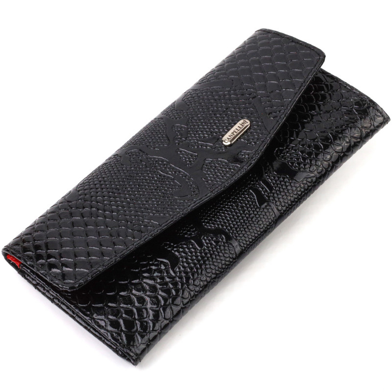 Фактурне жіноче лаковане портмоне з натуральної шкіри з тисненням під змію CANPELLINI Чорне