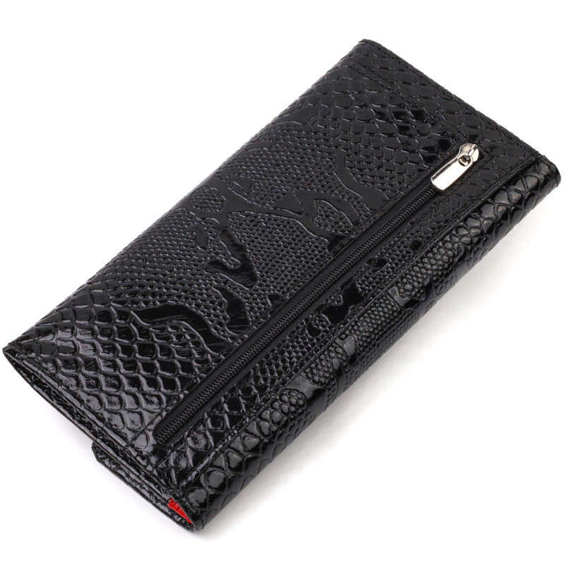 Фактурне жіноче лаковане портмоне з натуральної шкіри з тисненням під змію CANPELLINI Чорне