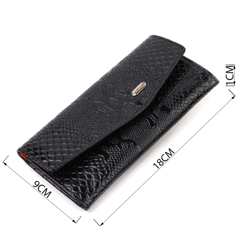 Фактурне жіноче лаковане портмоне з натуральної шкіри з тисненням під змію CANPELLINI Чорне