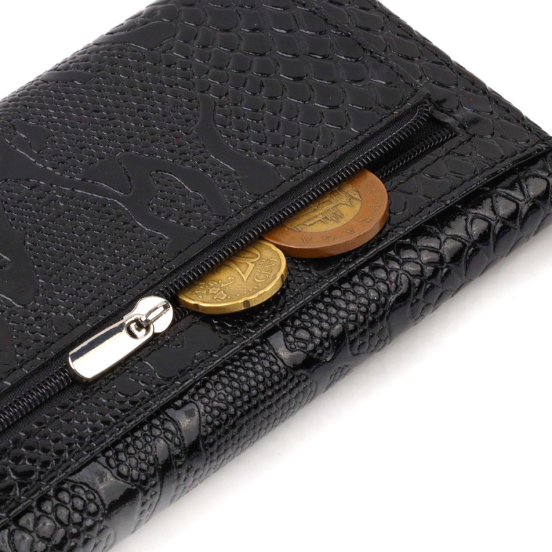Фактурне жіноче лаковане портмоне з натуральної шкіри з тисненням під змію CANPELLINI Чорне