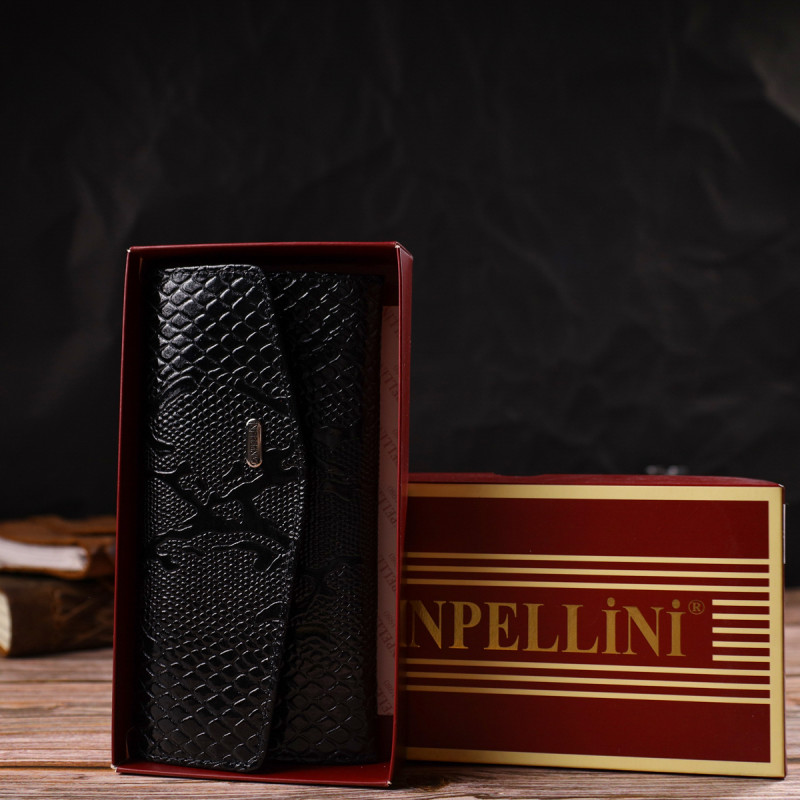 Фактурне жіноче лаковане портмоне з натуральної шкіри з тисненням під змію CANPELLINI Чорне