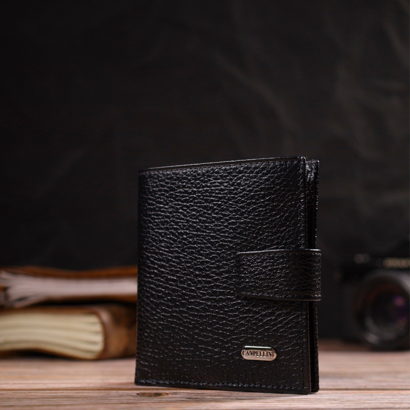Стильный мужской бумажник в комбинации двух цветов из натуральной зернистой кожи CANPELLINI Черный