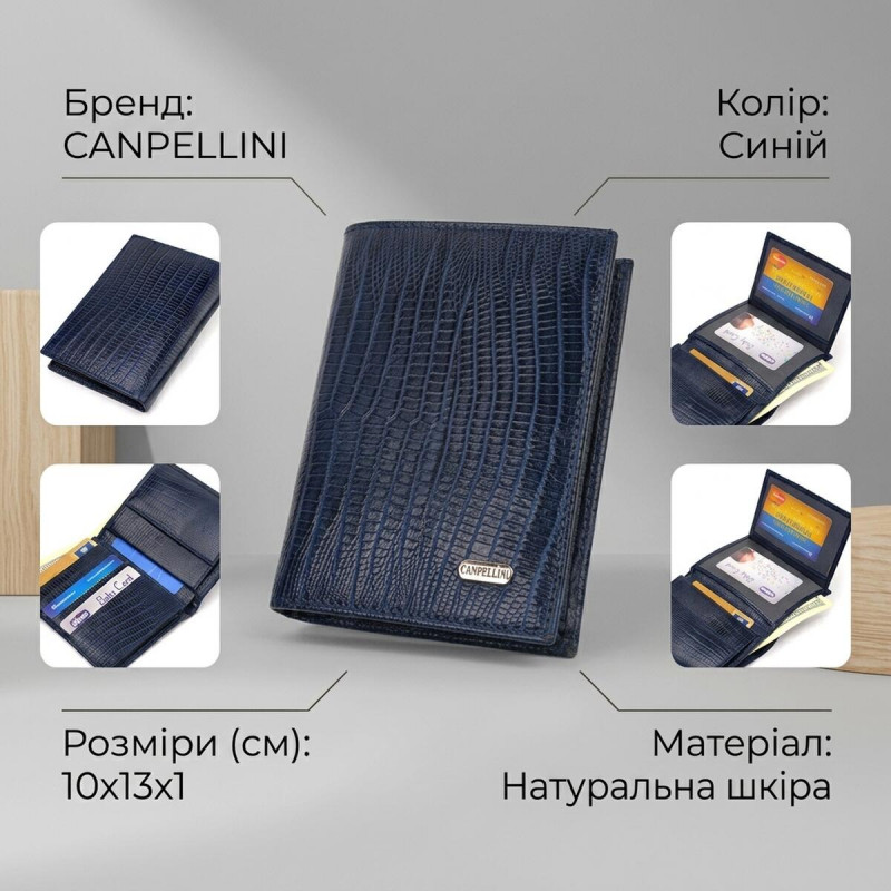 Мужской кошелек вертикального формата из натуральной кожи с тиснением CANPELLINI Синий