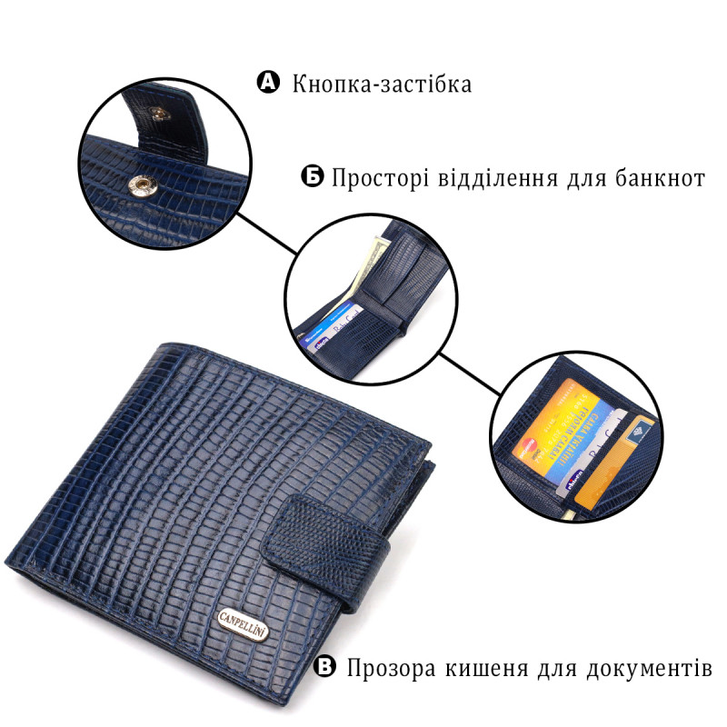 Мужской бумажник горизонтального формата из натуральной кожи с тиснением CANPELLINI Синий