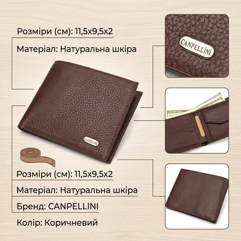 Чудовий чоловічий портмоне з натуральної зернистої шкіри CANPELLINI Коричневе
