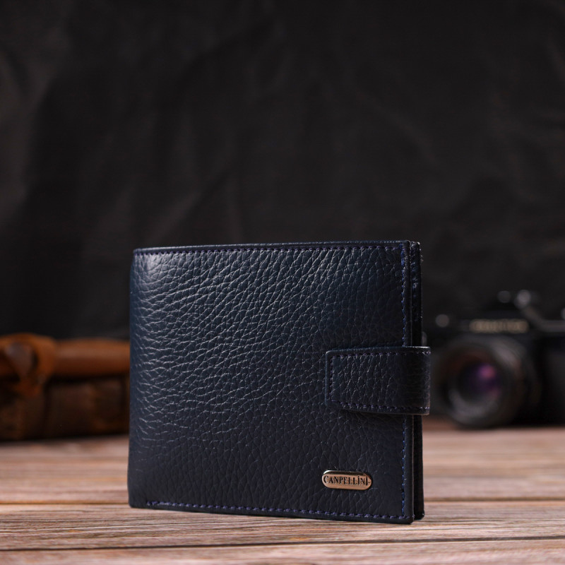 Практичный мужской кошелек из натуральной зернистой кожи CANPELLINI Синий