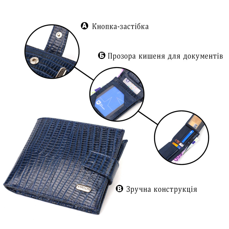 Зручний горизонтальний гаманець для чоловіків із натуральної шкіри з тисненням CANPELLINI Синій