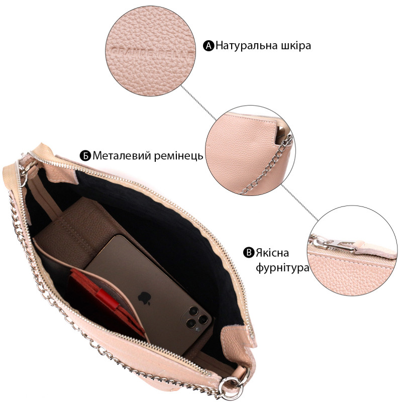 Оригинальная женская сумка из натуральной кожи GRANDE PELLE Пудровая