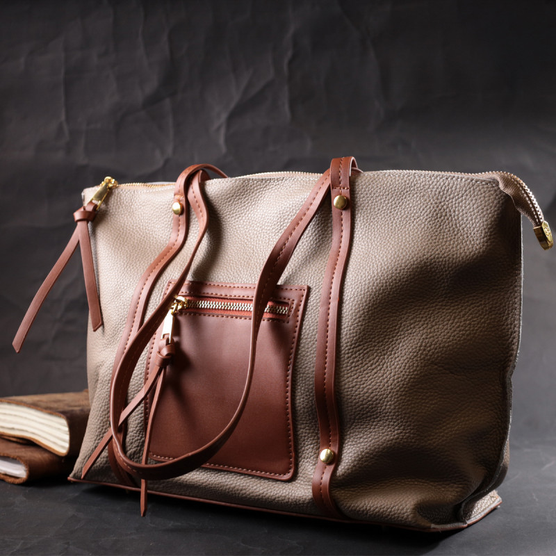 Оригінальна двокольорова сумка жіноча з натуральної шкіри Vintage Бежева