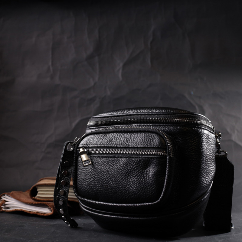 Сумка для женщин с декором в виде кнопок из натуральной кожи Vintage Черная