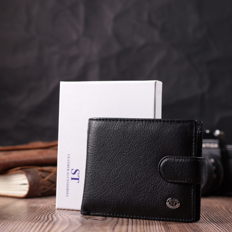 Мужской горизонтальный бумажник среднего размера из натуральной кожи ST Leather Черный
