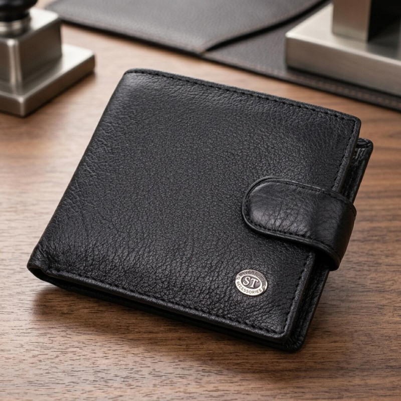 Мужской горизонтальный бумажник среднего размера из натуральной кожи ST Leather Черный