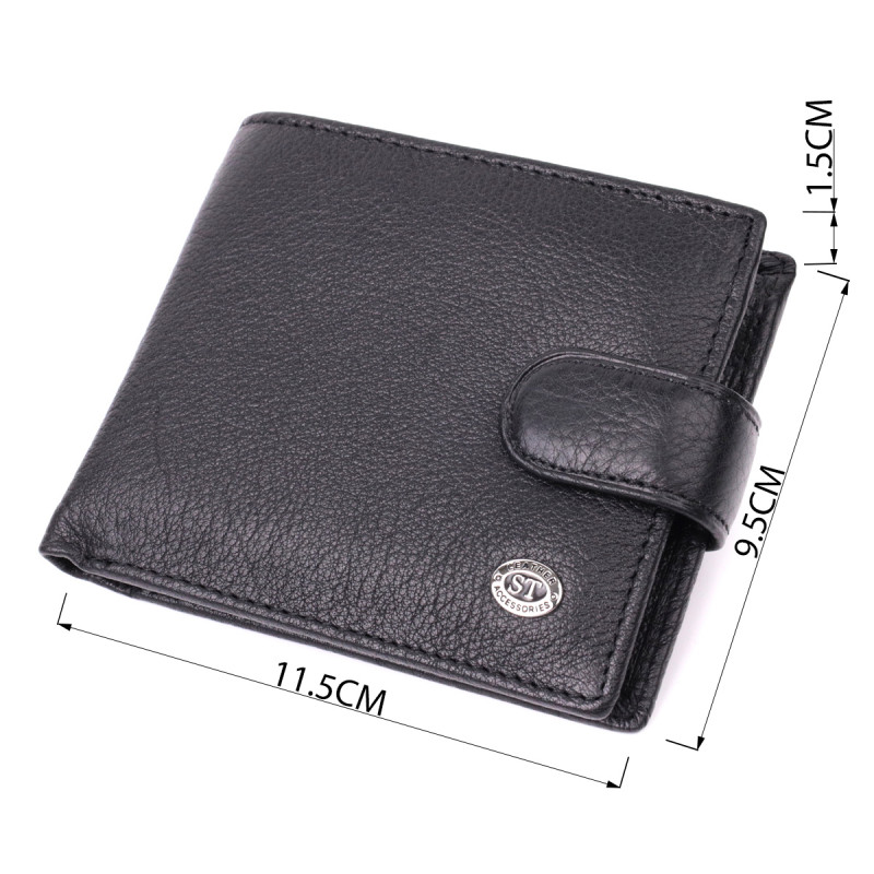 Мужской горизонтальный бумажник среднего размера из натуральной кожи ST Leather Черный
