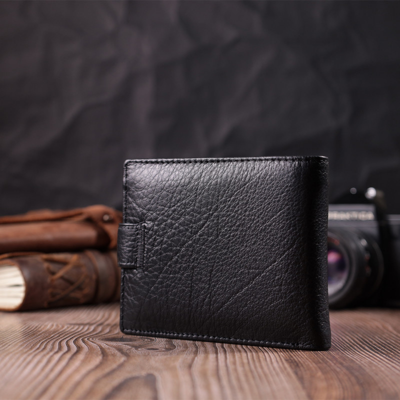 Мужской горизонтальный бумажник среднего размера из натуральной кожи ST Leather Черный