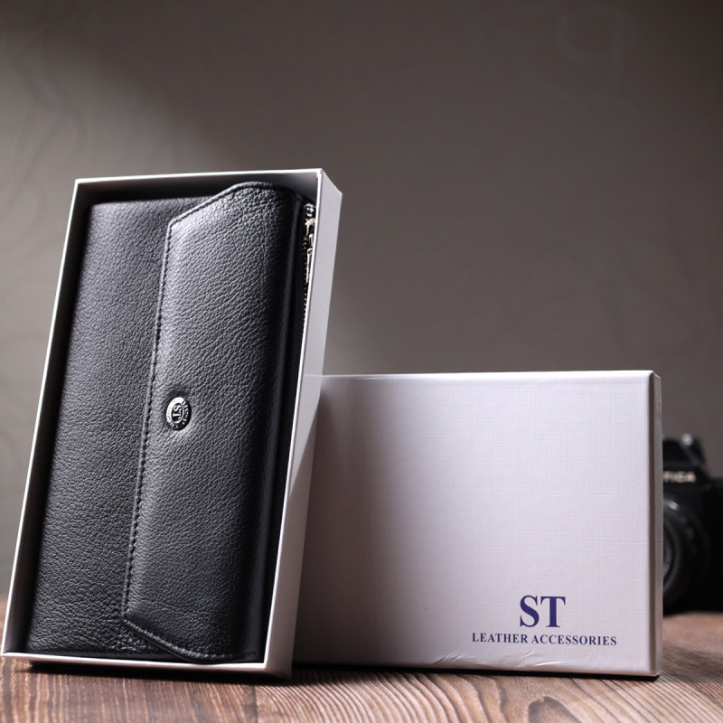 Женское портмоне с блоком для карт из натуральной кожи ST Leather Черный