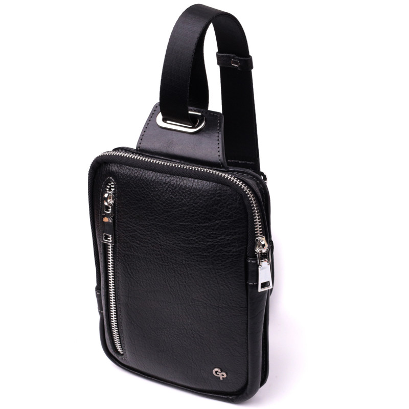 Мужская прямоугольная сумка бананка из зернистой натуральной кожи GRANDE PELLE Черный