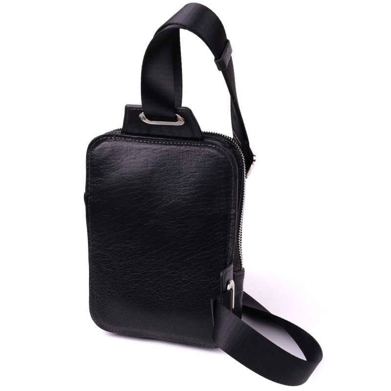 Мужская прямоугольная сумка бананка из зернистой натуральной кожи GRANDE PELLE Черный