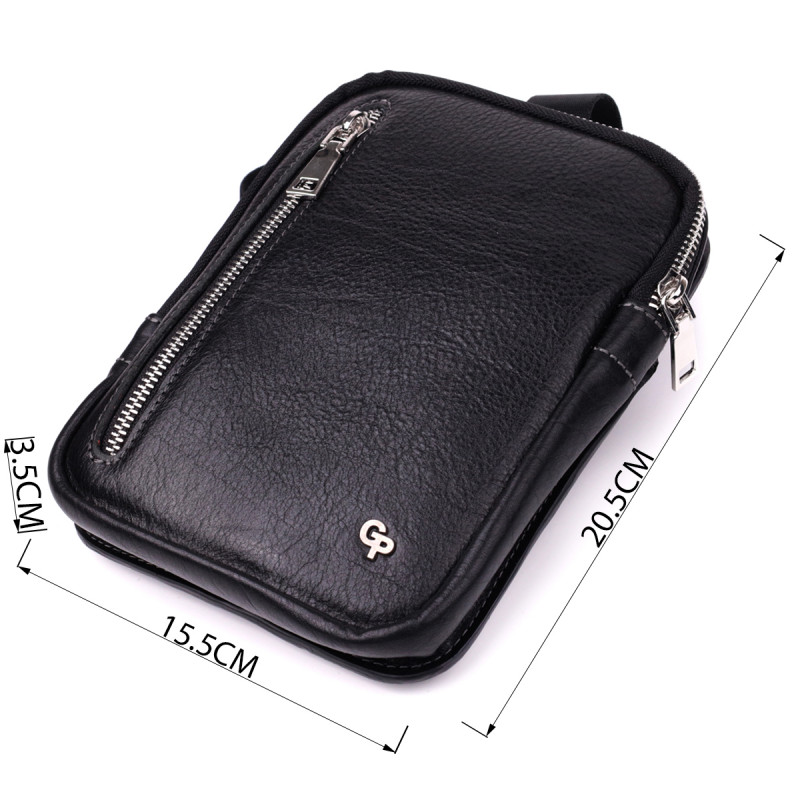 Мужская прямоугольная сумка бананка из зернистой натуральной кожи GRANDE PELLE Черный