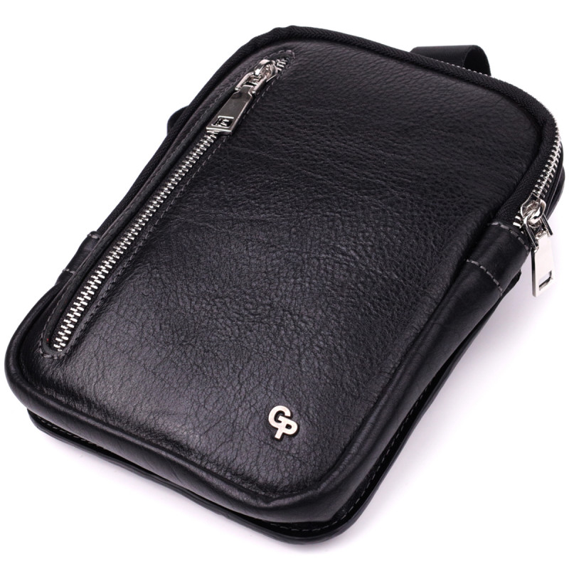 Мужская прямоугольная сумка бананка из зернистой натуральной кожи GRANDE PELLE Черный