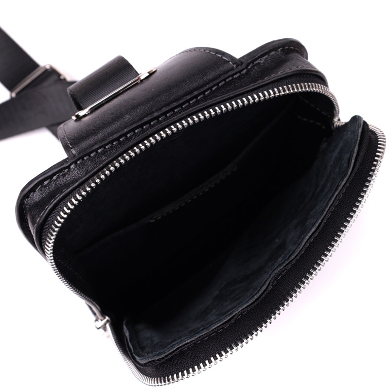 Мужская прямоугольная сумка бананка из зернистой натуральной кожи GRANDE PELLE Черный