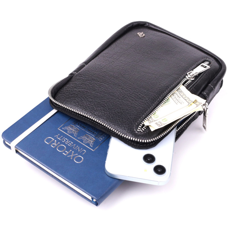 Мужская прямоугольная сумка бананка из зернистой натуральной кожи GRANDE PELLE Черный