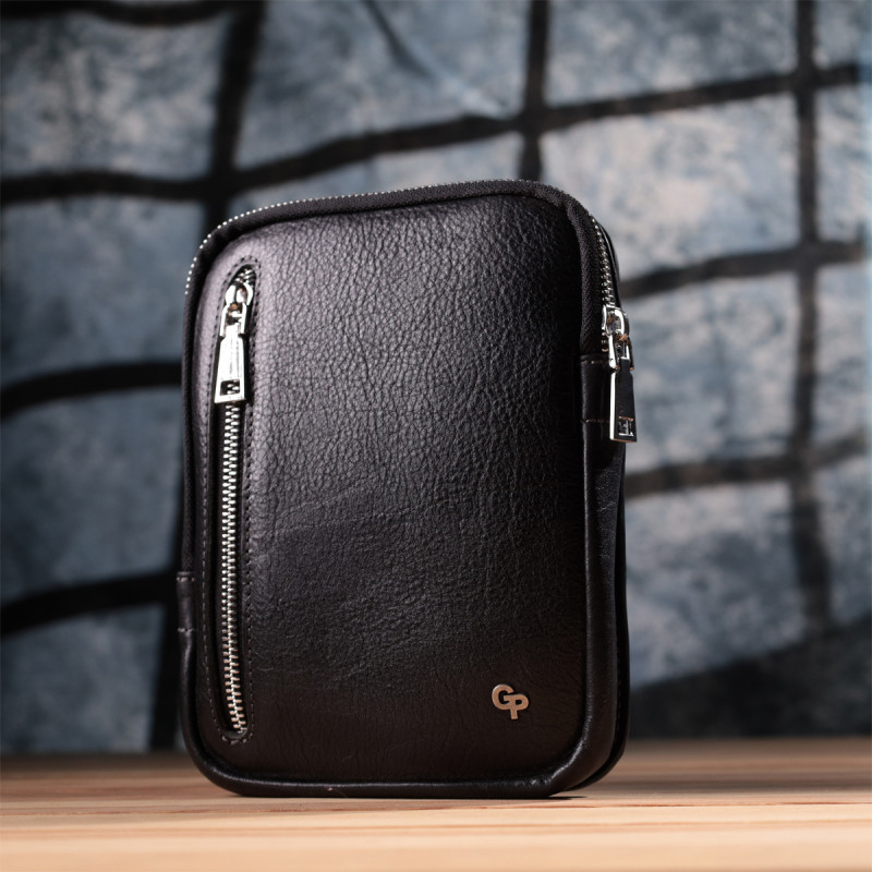 Мужская прямоугольная сумка бананка из зернистой натуральной кожи GRANDE PELLE Черный