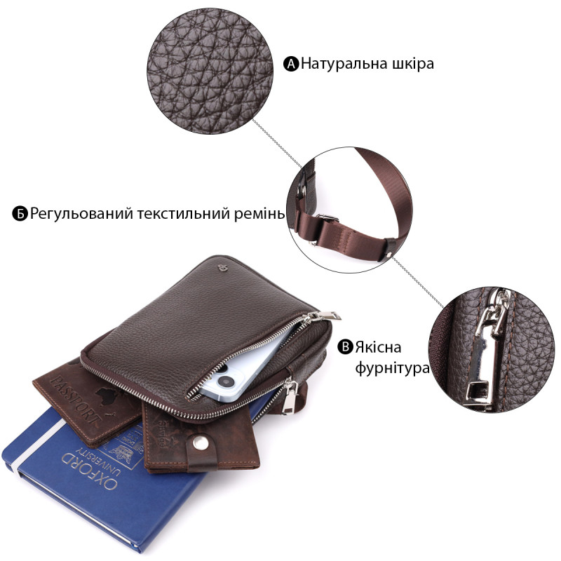 Прямокутна сумка бананка із зернистої натуральної шкіри GRANDE PELLE Коричнева