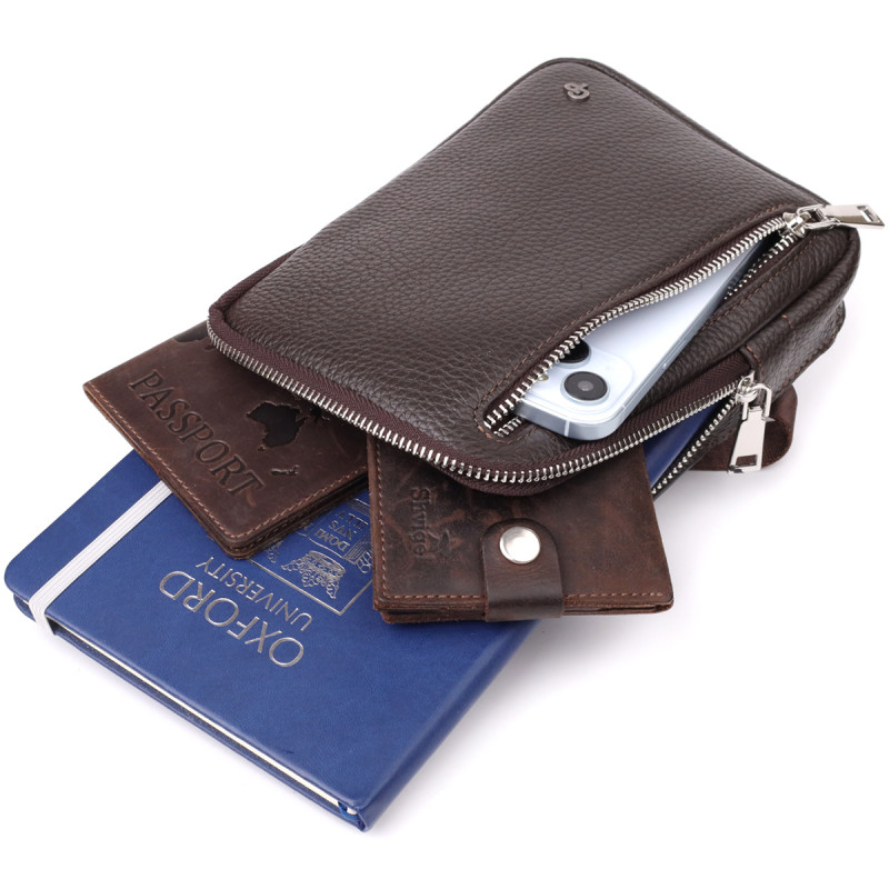 Прямокутна сумка бананка із зернистої натуральної шкіри GRANDE PELLE Коричнева