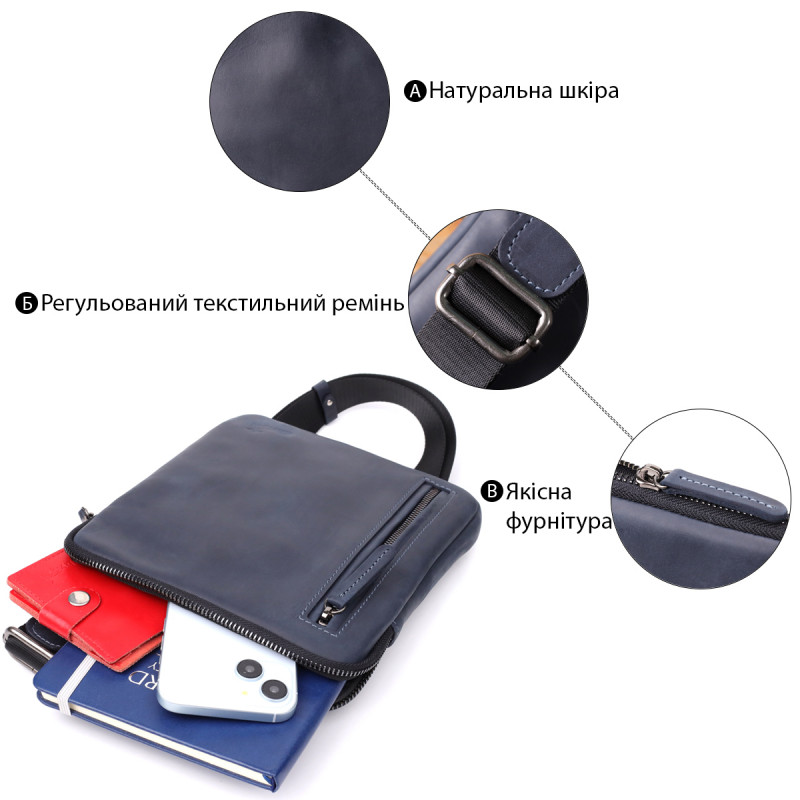 Сумка небольшого размера для мужчин на плечо из натуральной винтажной кожи Shvigel Синий