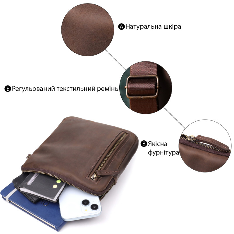 Практична сумка для чоловіків на плече з натуральної вінтажної шкіри Shvigel Коричневий