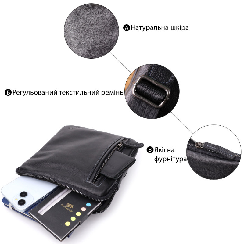 Сумка на плечо для мужчин из прочной зернистой кожи Shvigel Черный