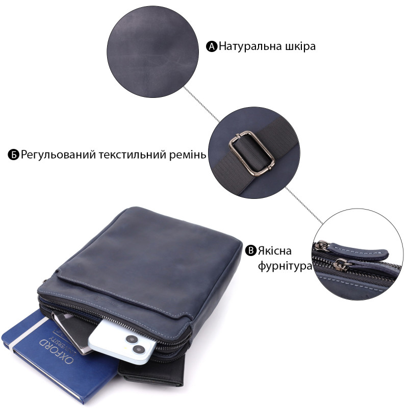 Практична чоловіча сумка через плече із вінтажної натуральної шкіри Shvigel _ Синій