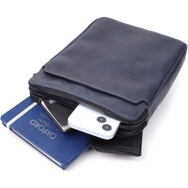 Практична чоловіча сумка через плече із вінтажної натуральної шкіри Shvigel _ Синій