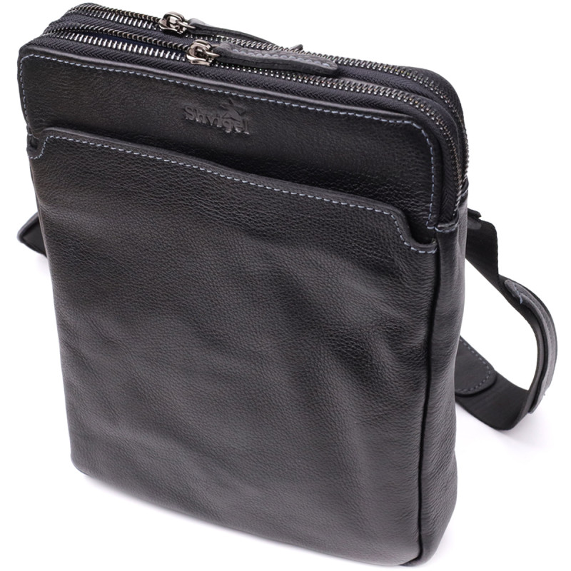Стильна чоловіча сумка через плече з дрібнозернистої шкіри Shvigel _ Чорний