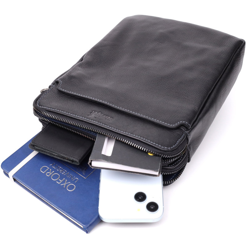 Стильна чоловіча сумка через плече з дрібнозернистої шкіри Shvigel _ Чорний