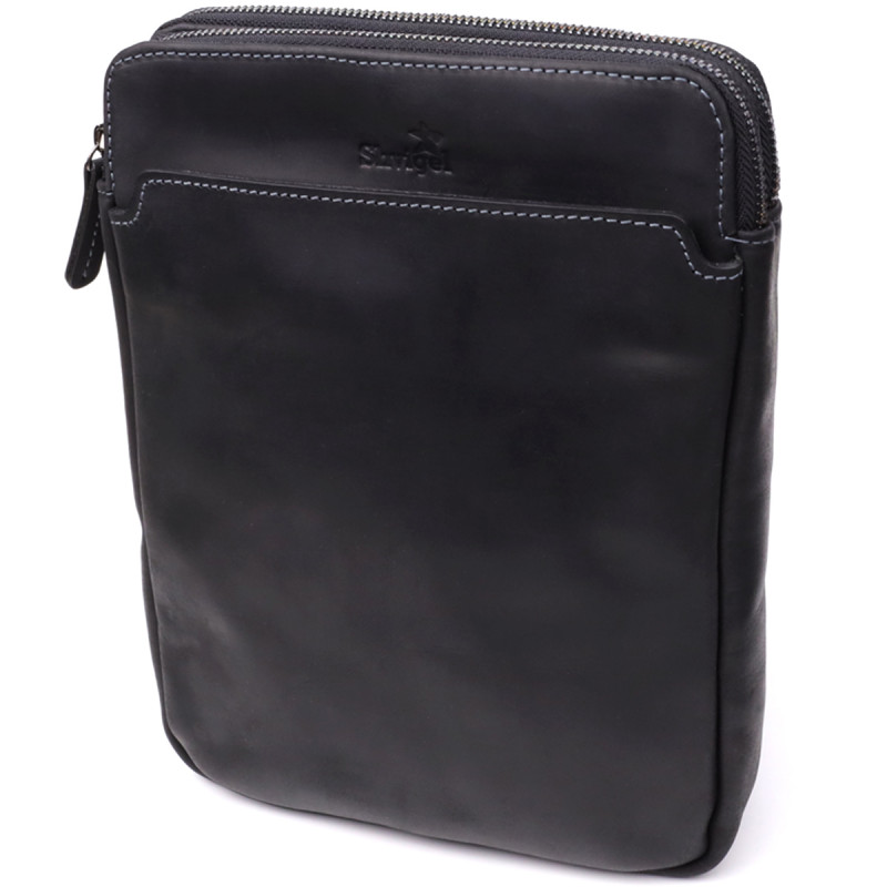 Практичная мужская сумка через плечо из винтажной натуральной кожи Shvigel _ Черный